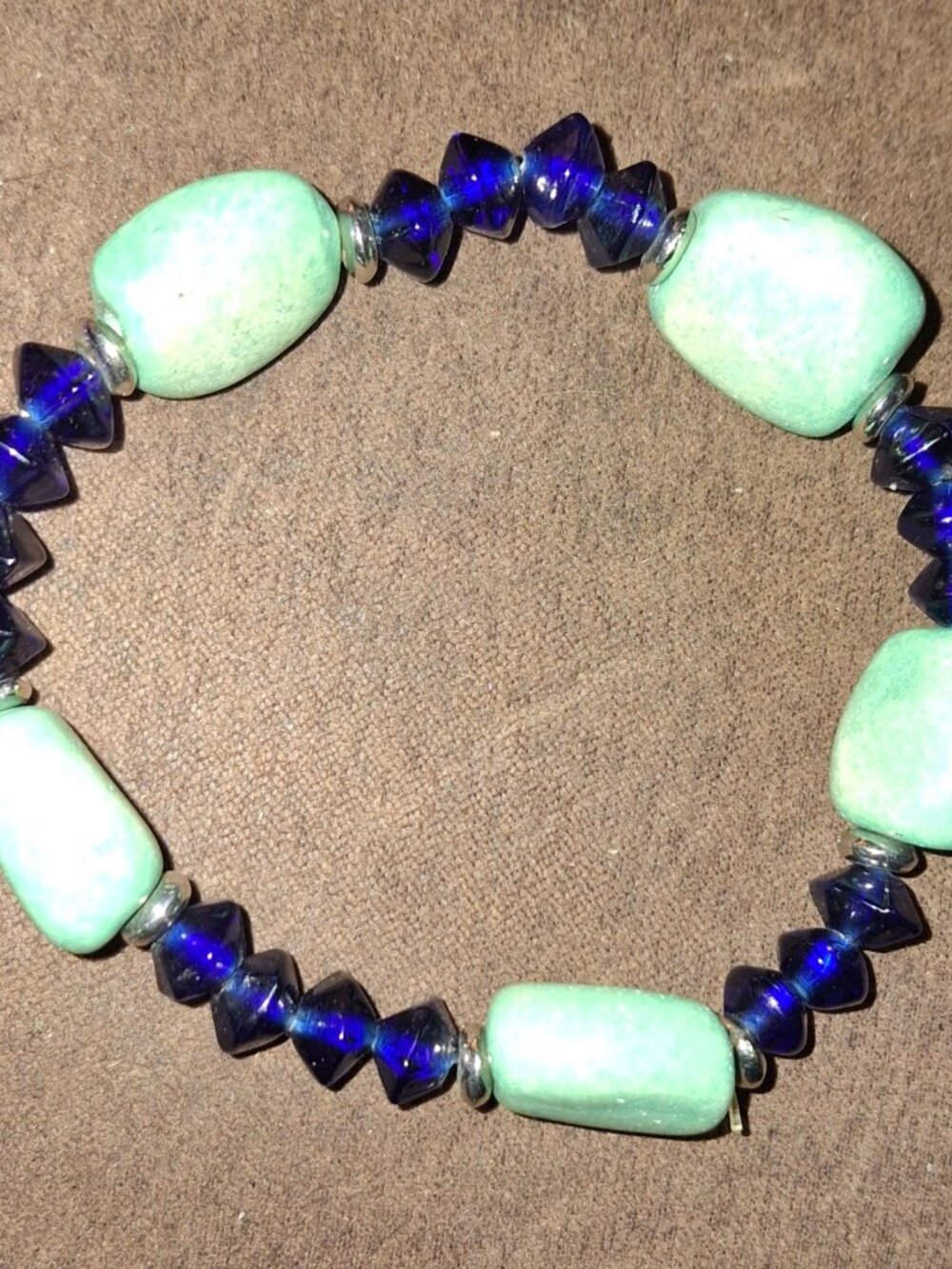 Light Green gemstone & Blue Beaded Stretch Bracelet